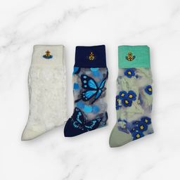 [20007] - 3 Pairs Women’s Sheer High-Cut Crew Socks – Breathable Butterfly/Floral Motifs