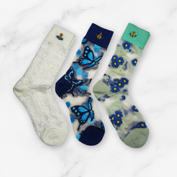 [20007] - 3 Pairs Women’s Sheer High-Cut Crew Socks – Breathable Butterfly/Floral Motifs