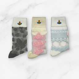 [20005] - 3 Pairs Women’s Sheer High-Cut Crew Socks – Breathable Floral Motifs
