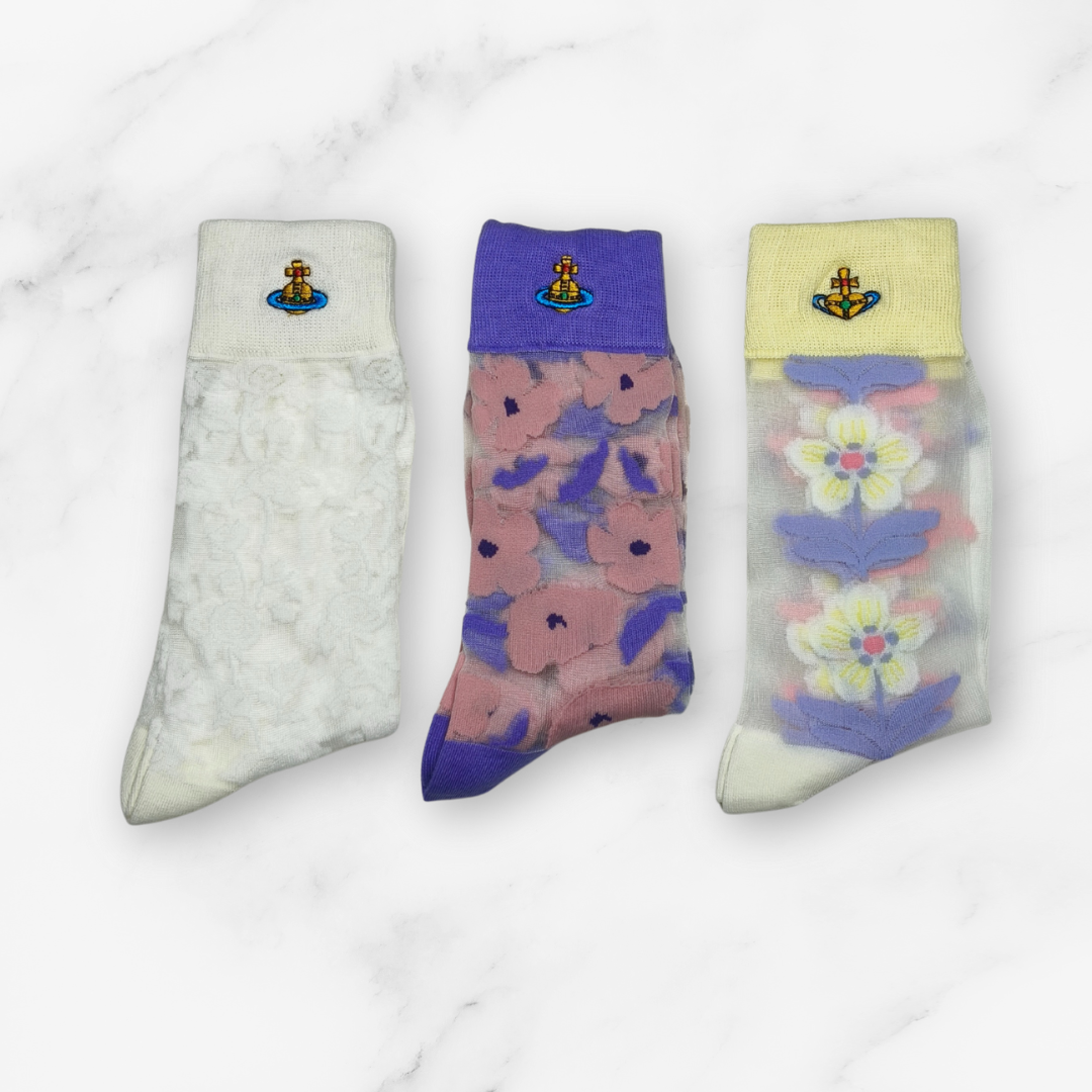 [20004] - 3 Pairs Women’s Sheer High-Cut Crew Socks – Breathable Floral Motifs_2