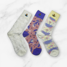 [20004] - 3 Pairs Women’s Sheer High-Cut Crew Socks – Breathable Floral Motifs