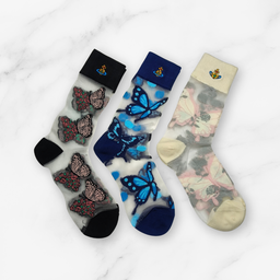 [20003] - 3 Pairs Women’s Sheer High-Cut Crew Socks – Breathable Butterfly/Floral Motifs
