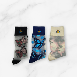 [20003] - 3 Pairs Women’s Sheer High-Cut Crew Socks – Breathable Butterfly/Floral Motifs