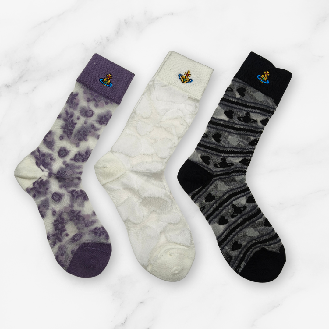 [20030] - 3 Pairs Women’s Sheer High-Cut Crew Socks – Breathable Floral Motifs, Neutral Tones_3
