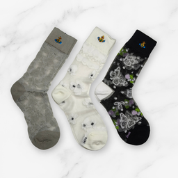 [20027] - 3 Pairs Women’s Sheer High-Cut Crew Socks – Breathable Floral Motifs, Neutral Tones