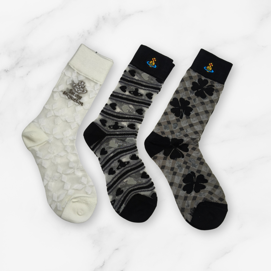 [20025] - 3 Pairs Women’s Sheer High-Cut Crew Socks – Breathable Floral Motifs, Neutral Tones_3