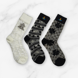 [20025] - 3 Pairs Women’s Sheer High-Cut Crew Socks – Breathable Floral Motifs, Neutral Tones