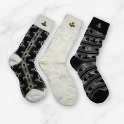 [20022] - 3 Pairs Women’s Sheer High-Cut Crew Socks – Breathable Floral Motifs, Neutral Tones