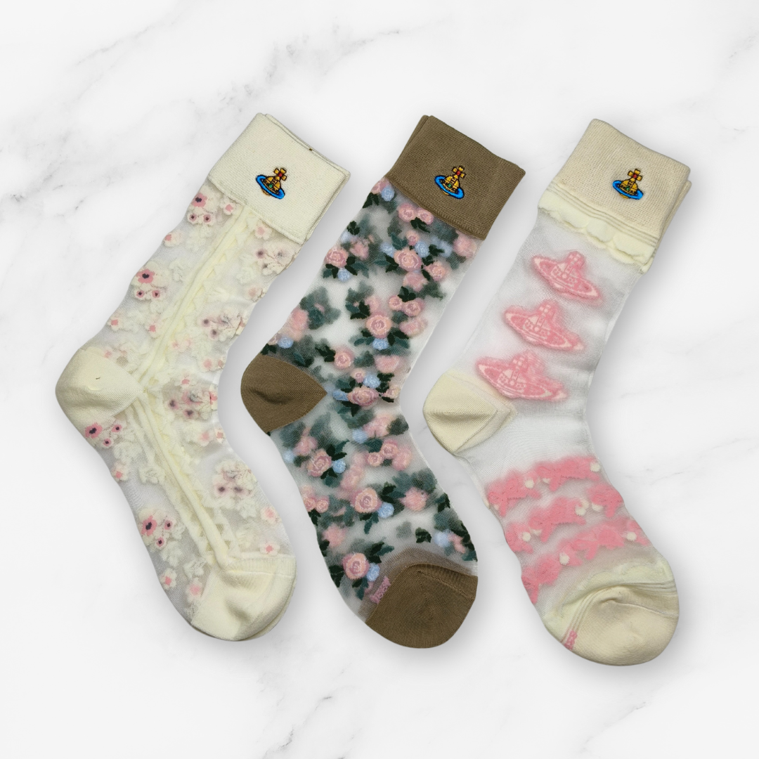 [20015] - 3 Pairs Women’s Sheer High-Cut Crew Socks – Breathable Floral Motifs_3