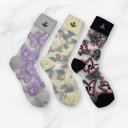[20014] - 3 Pairs Women’s Sheer High-Cut Crew Socks – Breathable Floral/Butterfly Motifs