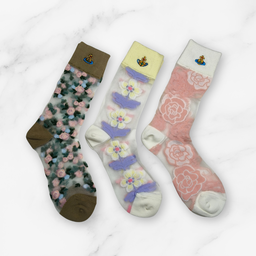 [20010] - 3 Pairs Women’s Sheer High-Cut Crew Socks – Breathable Floral Motifs