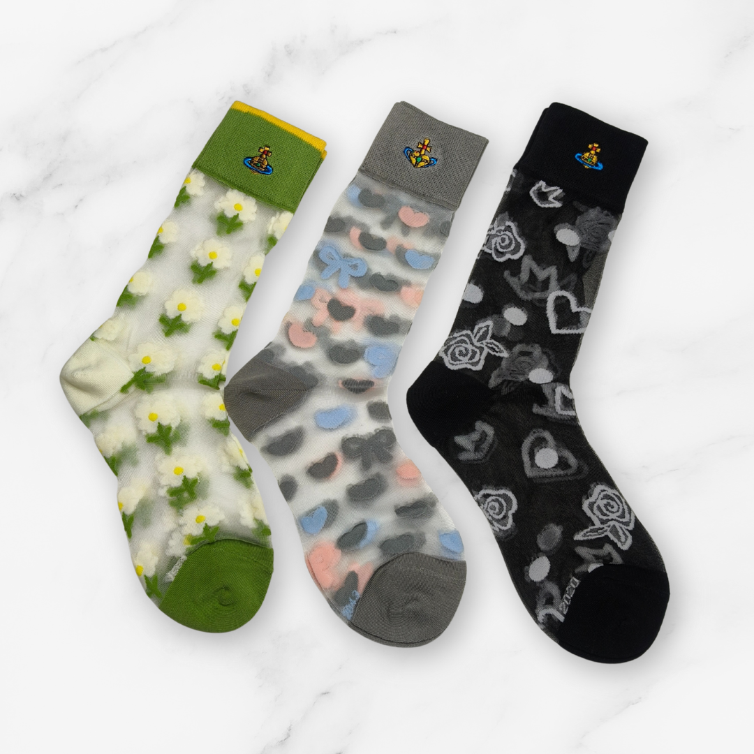 [20008] - 3 Pairs Women’s Sheer High-Cut Crew Socks – Breathable Floral/Love Motifs_4
