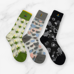 [20008] - 3 Pairs Women’s Sheer High-Cut Crew Socks – Breathable Floral/Love Motifs