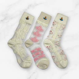 [20006] - 3 Pairs Women’s Sheer High-Cut Crew Socks – Breathable Floral Motifs