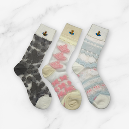 [20005] - 3 Pairs Women’s Sheer High-Cut Crew Socks – Breathable Floral Motifs