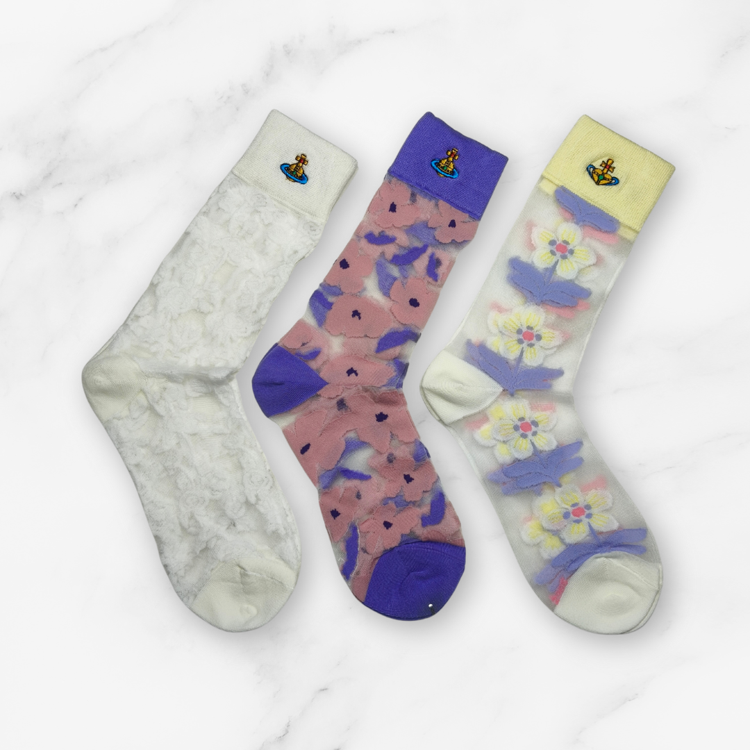 [20004] - 3 Pairs Women’s Sheer High-Cut Crew Socks – Breathable Floral Motifs_3