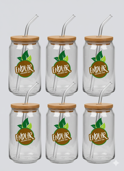 Glass Cup with Bamboo Lids and Glass Straw