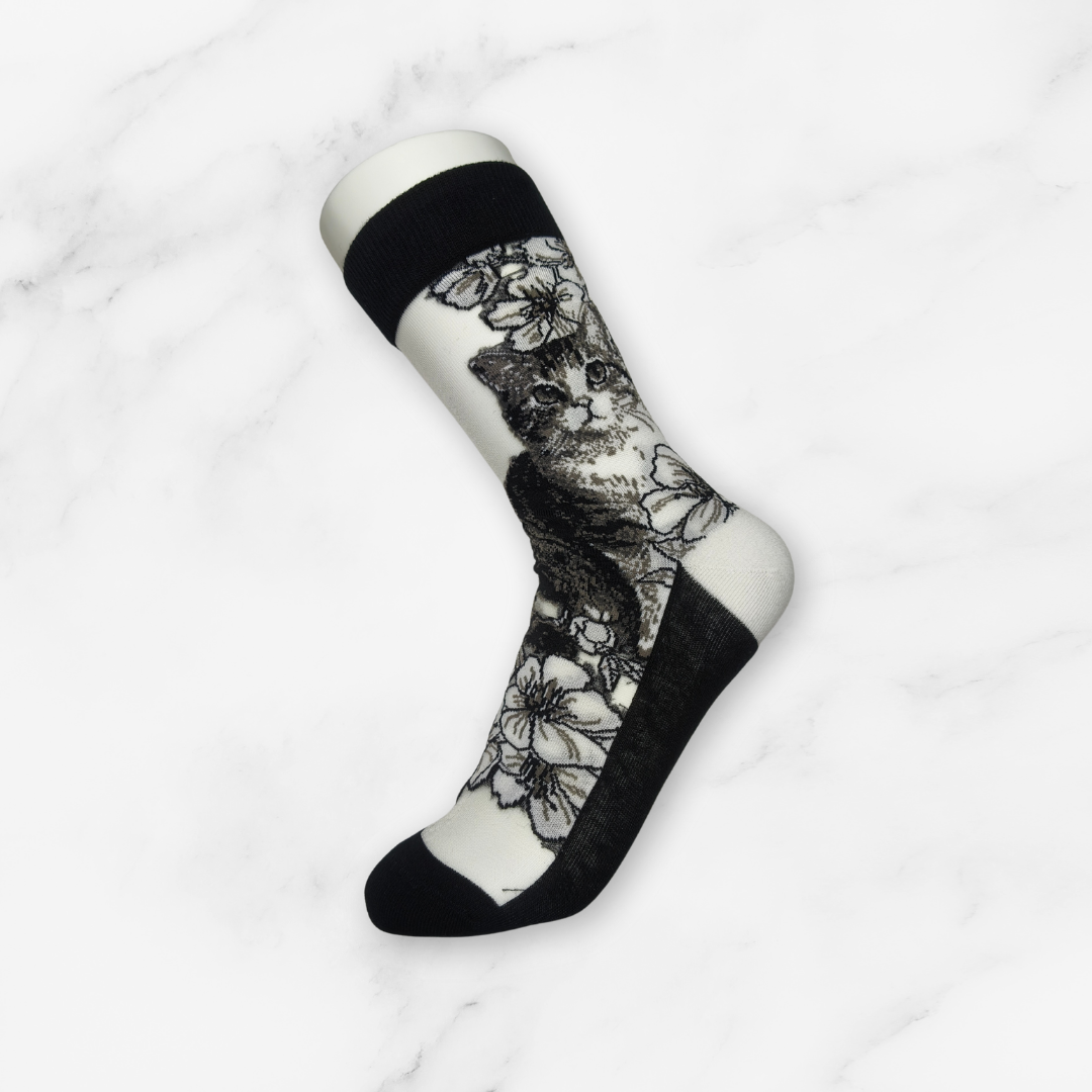 [10032] - 2 Pairs Women's High-Cotton High-Cut Crew Socks – Breathable, Cat/Floral Mix & Everyday Comfort_4