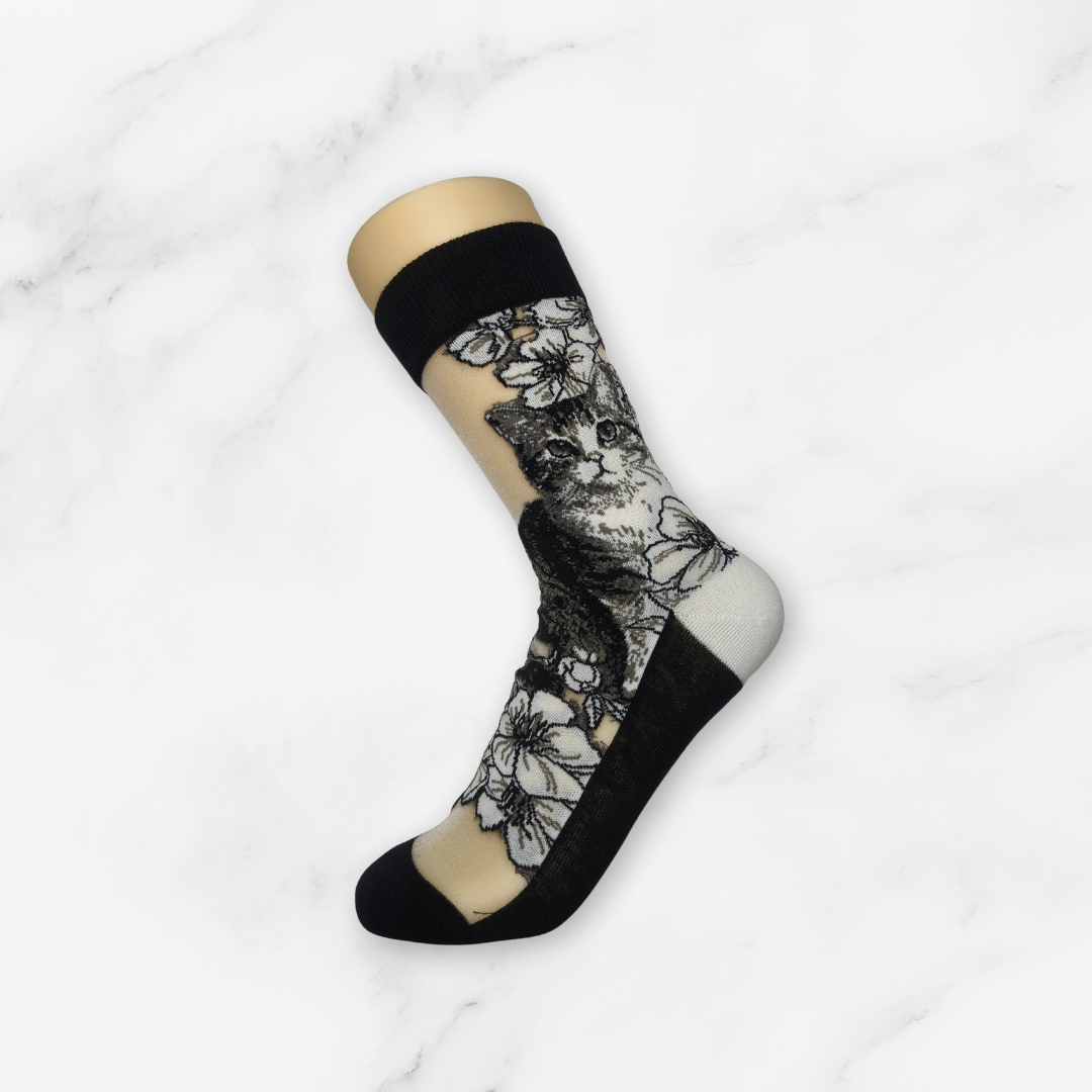 [10032] - 2 Pairs Women's High-Cotton High-Cut Crew Socks – Breathable, Cat/Floral Mix & Everyday Comfort_3