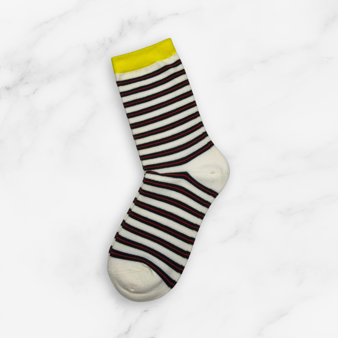 [10052] - 3 Pairs Women’s Cotton Blend High-Cut Crew Socks – Breathable Stripes/Plain & Everyday Comfort _10
