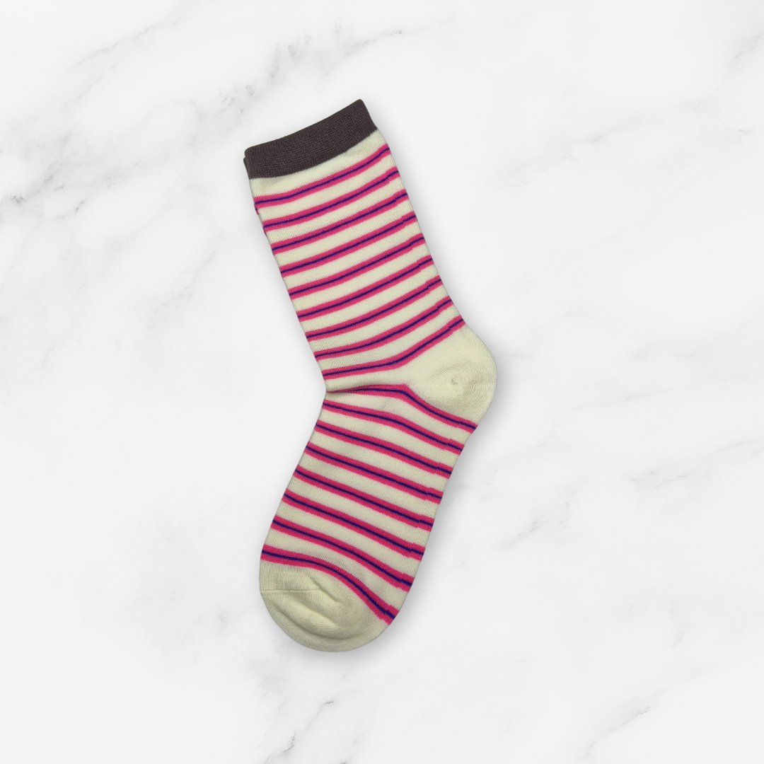 [10052] - 3 Pairs Women’s Cotton Blend High-Cut Crew Socks – Breathable Stripes/Plain & Everyday Comfort _8