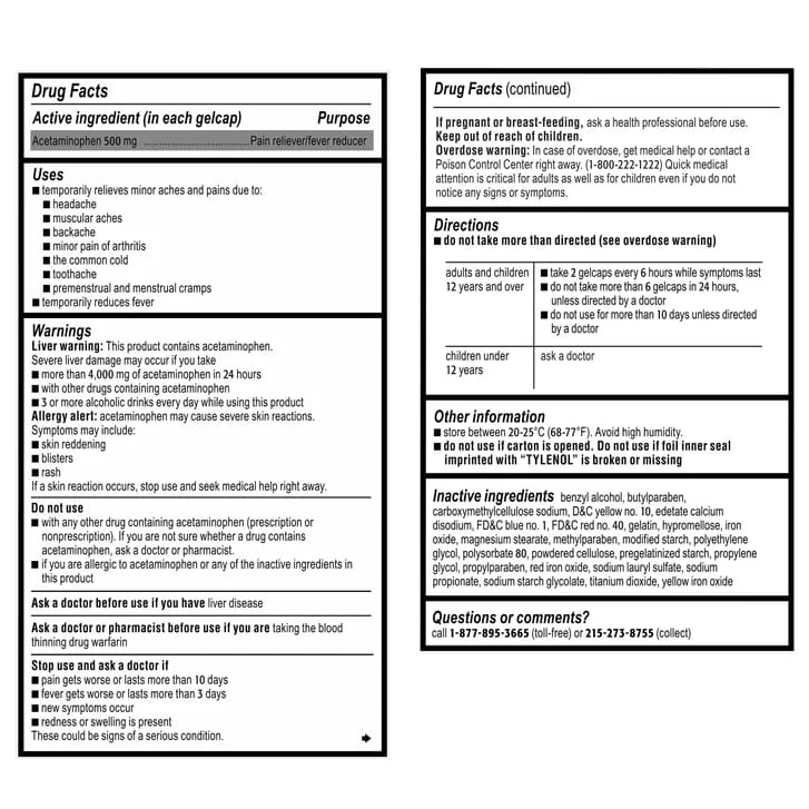 Tylenol Extra Strength Acetaminophen 500 mg, Pain & Fever Relief, 290 Rapid Release Gelcaps_1