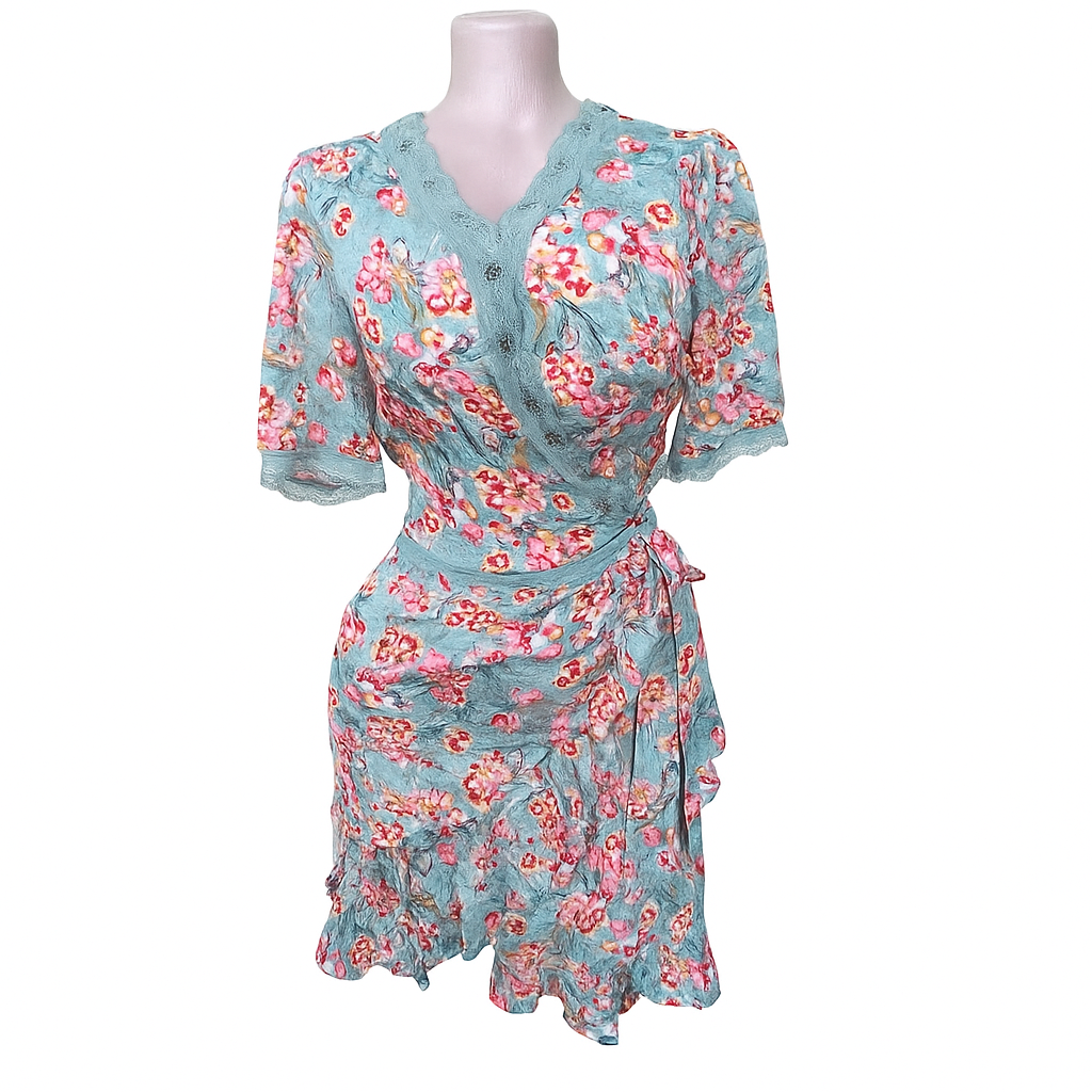 Floral Wrap Dress with Lace Trim