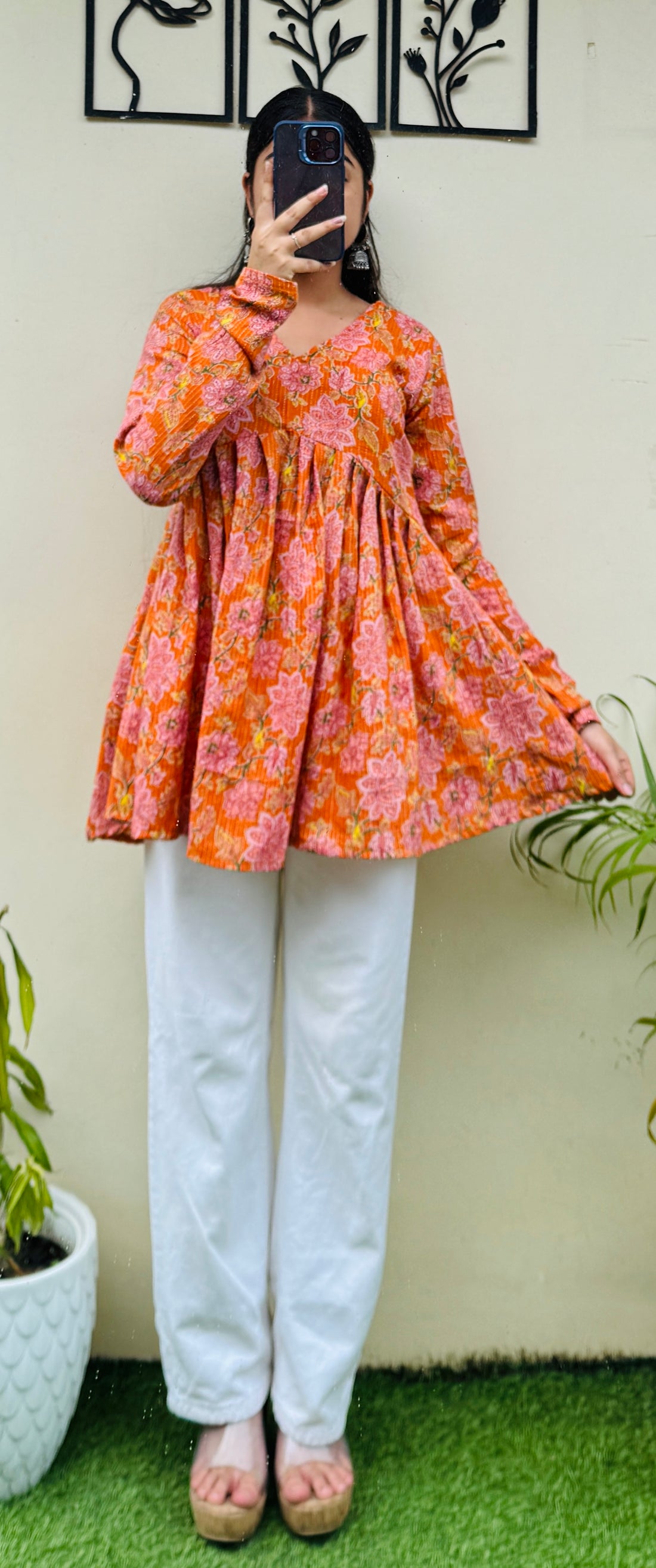 Katha Cotton Orange Flared Floral Print Aliacut Peplum Top_4