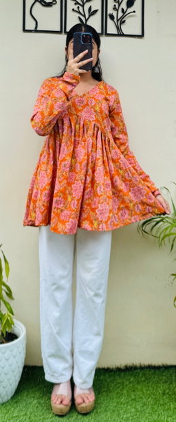 Katha Cotton Orange Flared Floral Print Aliacut Peplum Top