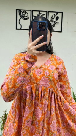 Katha Cotton Orange Flared Floral Print Aliacut Peplum Top