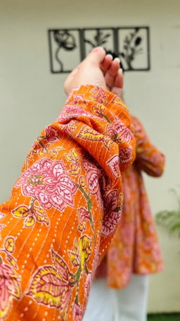Katha Cotton Orange Flared Floral Print Aliacut Peplum Top