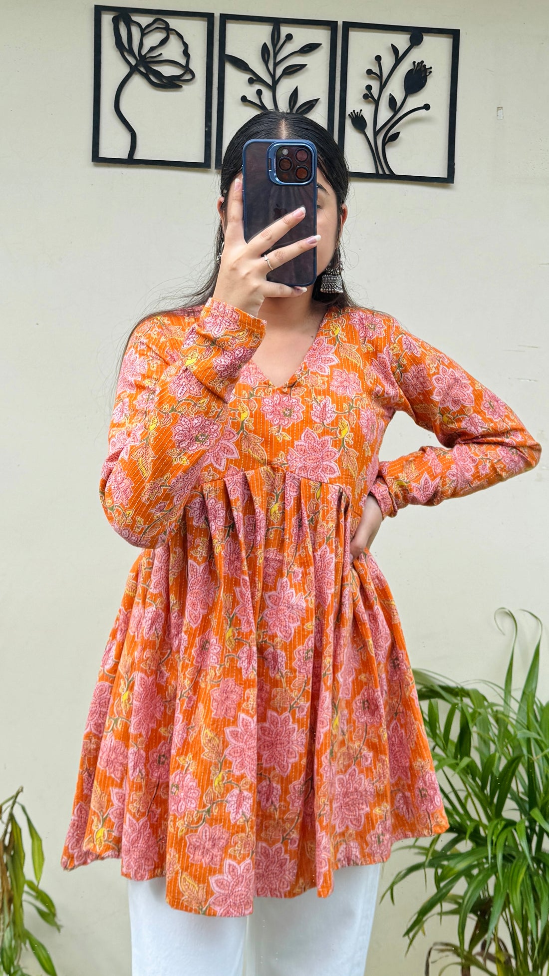Katha Cotton Orange Flared Floral Print Aliacut Peplum Top_5