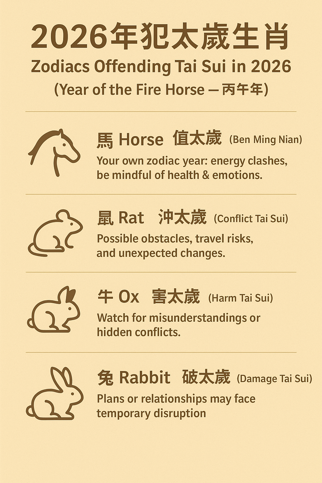 🌟 2026 犯太歲生肖 Zodiacs Offending Tai Sui (Fire Horse Year 丙午年)： 馬(Horse)🐴、鼠(Rat)🐭、牛(Cow)🐮、兔(Rabbit)🐰、