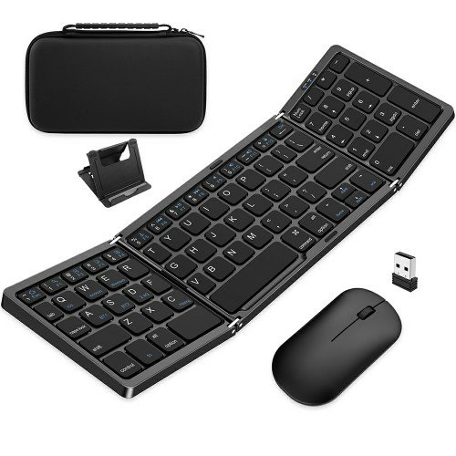 Foldable Keyboard and Mouse, EDJO Wireless Keyboard Mouse Combo with Portable Case, Rechargeable 2.4G+Bluetooth Multi-Device Keyboard Mouse for Windows, iOS, Android, MacOS PC/Laptop/Tablet_0