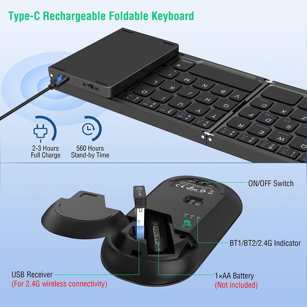 Foldable Keyboard and Mouse, EDJO Wireless Keyboard Mouse Combo with Portable Case, Rechargeable 2.4G+Bluetooth Multi-Device Keyboard Mouse for Windows, iOS, Android, MacOS PC/Laptop/Tablet_4
