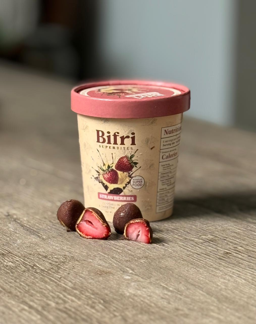 BiFri Frozen STRAWBERRY covered in dark chocolate and golden Milk