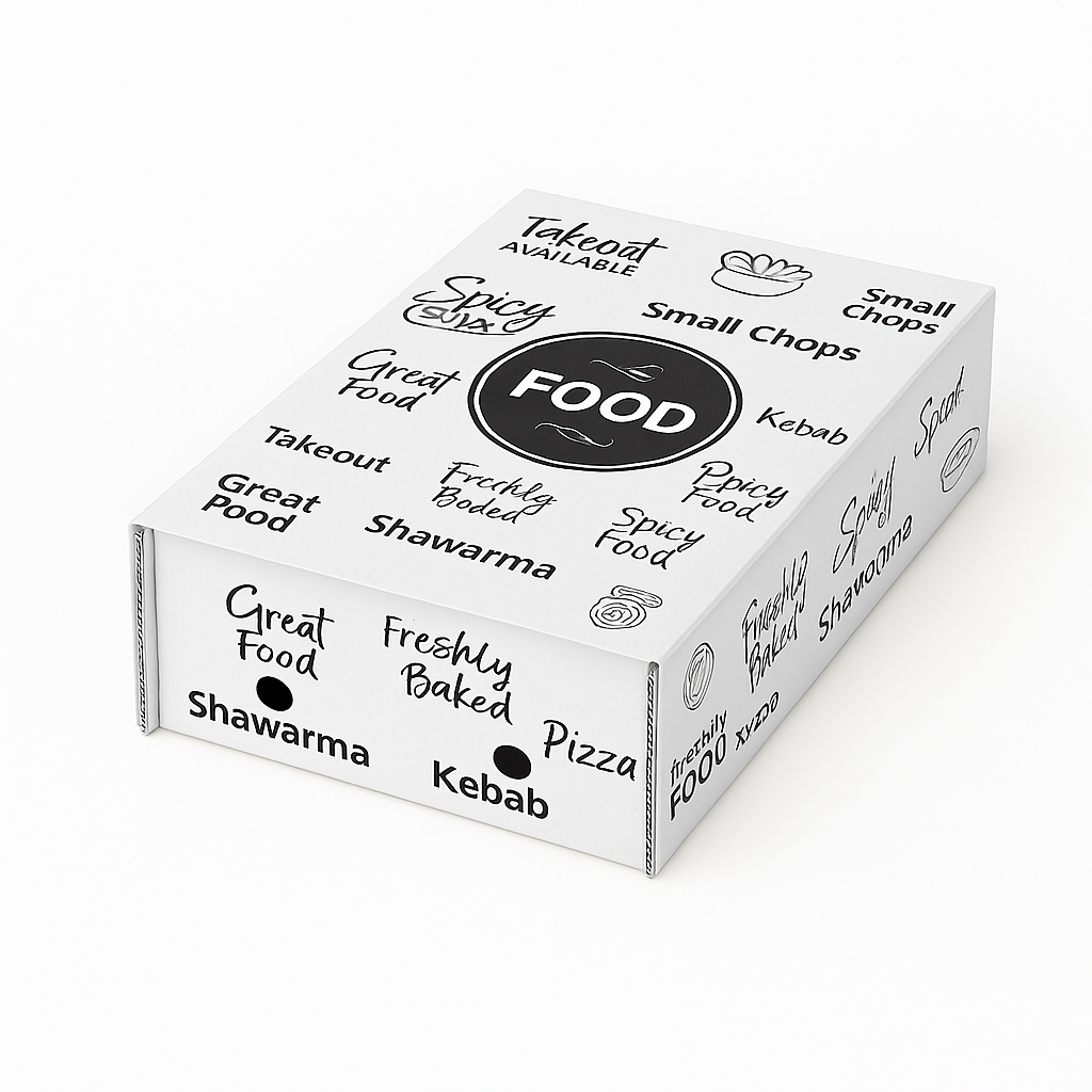 CATERING PLATTER BOXES  ( Top 7.8” x 5 , Base 5.8” x 4 Height 2.5”) “FOOD TO GO - WHITE / BLACK  WITHOUT WINDOW_0