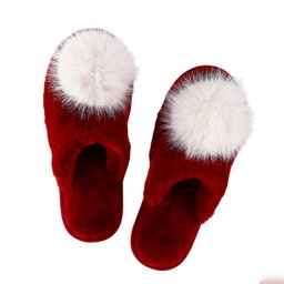 Plush Burgundy/beige with Blush Pom Pom Slippers 