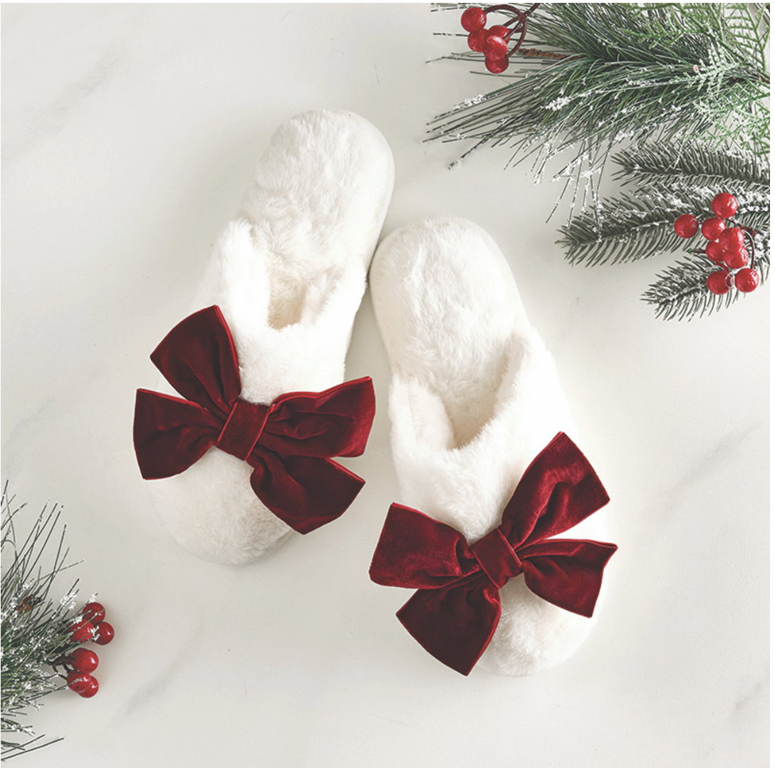 Plush Ivory + Burgundy Velvet Bow Slippers_1