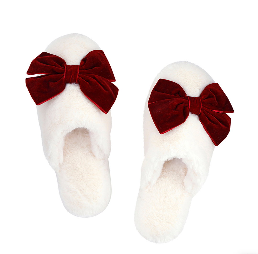 Plush Ivory + Burgundy Velvet Bow Slippers