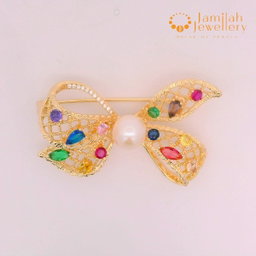 Bow Brooch Multicolor Cubic Zirconia Stones 18k Gold Plated Natural White Sea Water Pearl