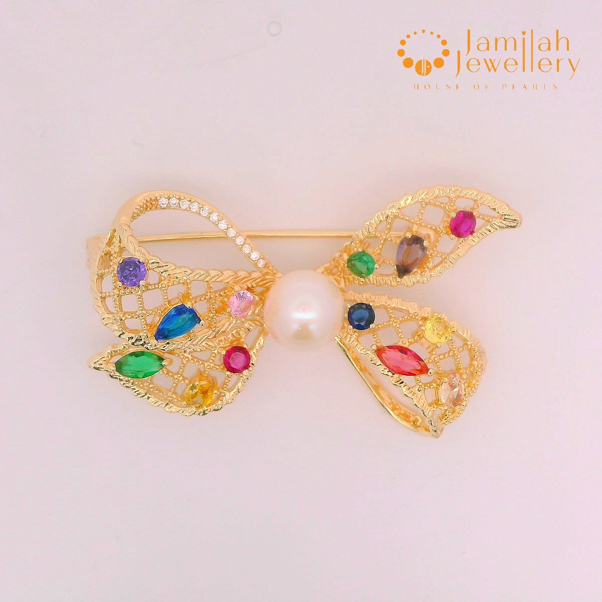 Bow Brooch Multicolor Cubic Zirconia Stones 18k Gold Plated Natural White Sea Water Pearl
