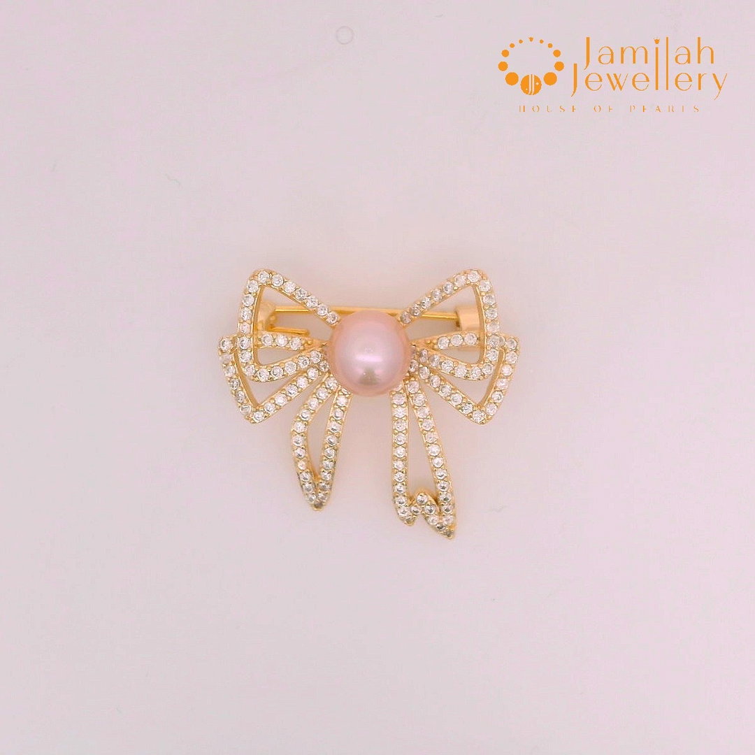Bow Cubic Zirconia 18k Gold Plated Natural Color Sea Water Pearl