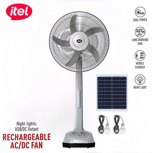 itel 16 Inches AC/DC Solar Rechargeable Fan With Panel & 2 Bulbs_0