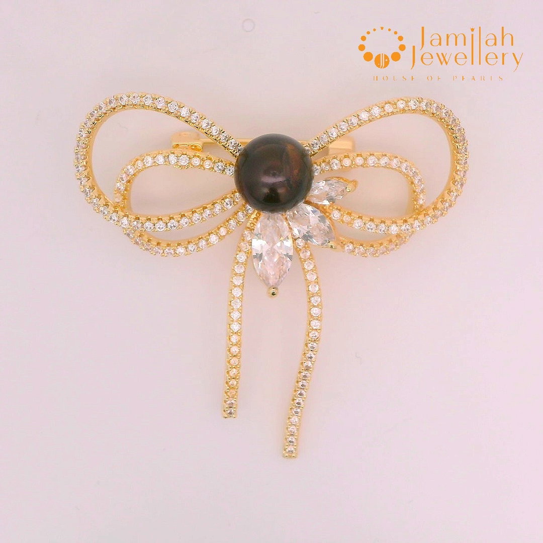 Bow 18k Gold Plated Black Sea Water Pearl