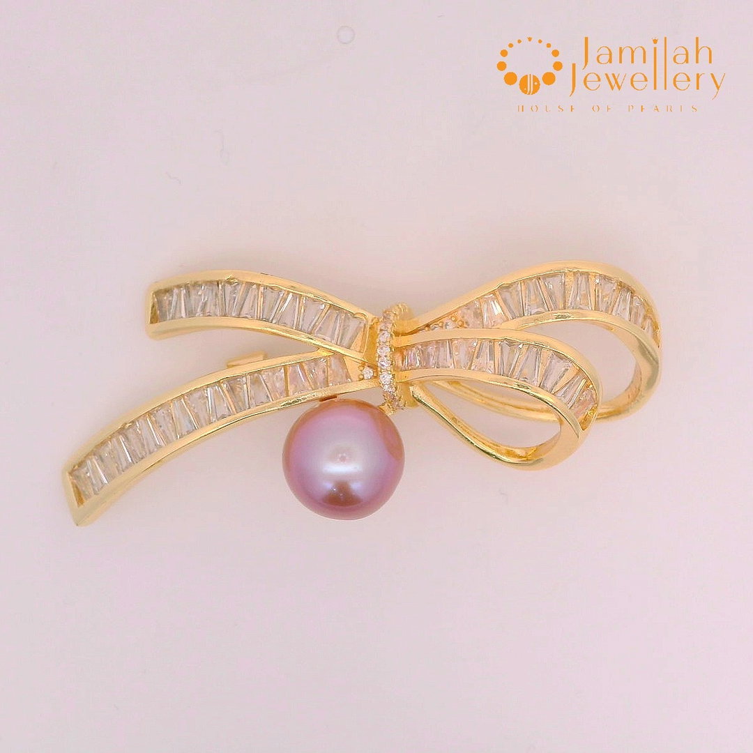 Bow Brooch White Cubic Zirconia Stone 18k Gold Plated Natural Purple Color Sea Water Pearl