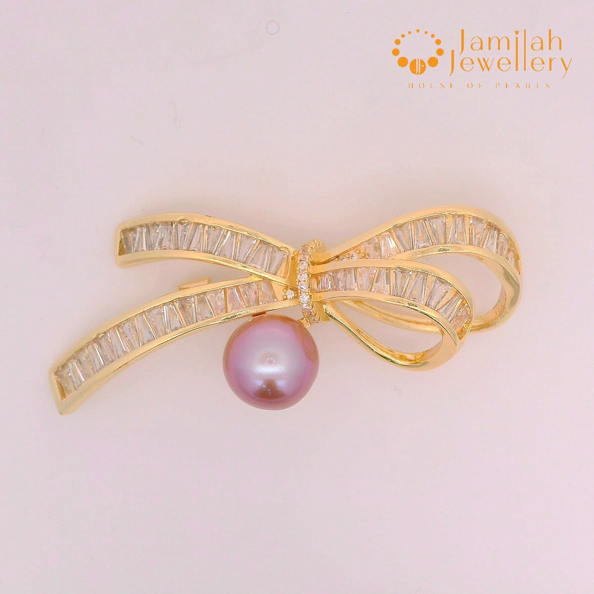 Bow Brooch White Cubic Zirconia Stone 18k Gold Plated Natural Purple Color Sea Water Pearl_0