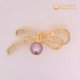 Bow Brooch White Cubic Zirconia Stone 18k Gold Plated Natural Purple Color Sea Water Pearl