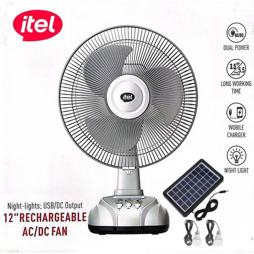 itel 12 Inches AC/DC Solar Rechargeable Fan With Panel & 2 Bulbs