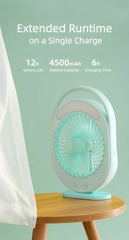 Kamisafe Rechargeable LED Multi-Functional Fan,4500mAh,3 Speed,With Night Light,Table Fan